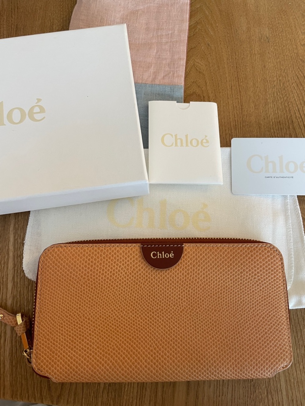 Chloé Peach/Tan Textured Zip-Around Clutch Wallet